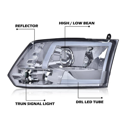 G-PLUS LED DRL Headlights Fit Dodge Ram 1500 2500 3500 2009-2012(New Body), Fit Factory Quad, Clear Lens Chrome Housing Amber Reflector Bumper Headlamps, faros Assembly