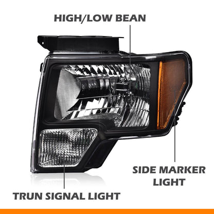 G-PLUS Headlights & Rear Tail Lights Assembly Compatible With 2009-2014 Ford F150(Not Fit Flareside Models),Headlamps & Brake Lamps Black Housing Left+Right 4pcs,faros delanteros