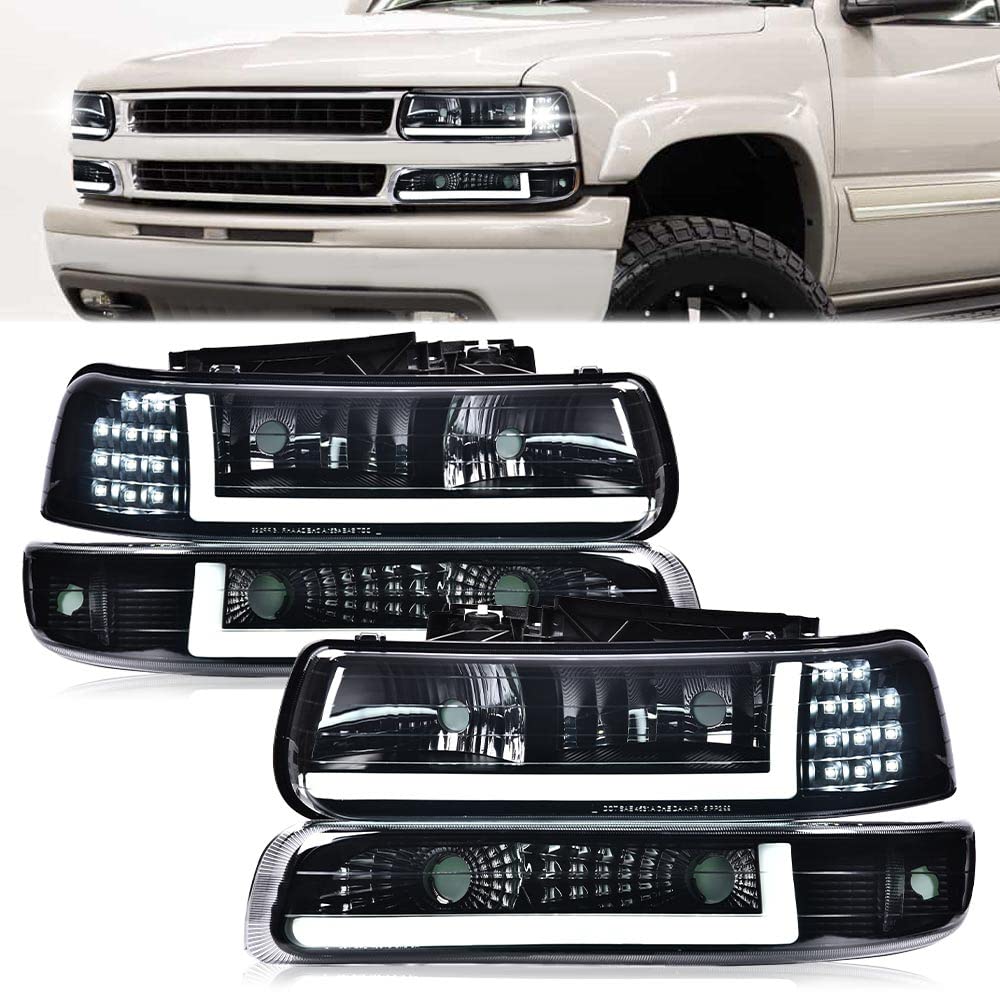 G-PLUS LED DRL Headlights Assembly Fit Chevy Silverado 1500 2500 & HD 3500 1999-2002/Fit Chevy Suburban/Tahoe 2000-2006 Bumper Headlamps,Smoky Lens Black Housing Clear Reflector,faros delanteros