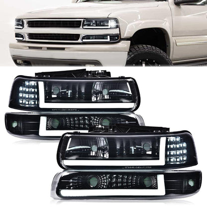 G-PLUS LED DRL Headlights Assembly Fit Chevy Silverado 1500 2500 & HD 3500 1999-2002/Fit Chevy Suburban/Tahoe 2000-2006 Bumper Headlamps,Smoky Lens Black Housing Clear Reflector,faros delanteros
