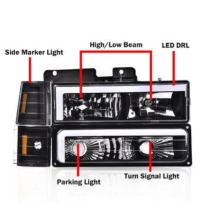 G-PLUS LED DRL headlights, Compatible with 1994 1995 1996 1997 1998 1999 2000 GMC C10 C/K C1500 bumper Headlamp, Clear lens Black Housing Amber Reflector