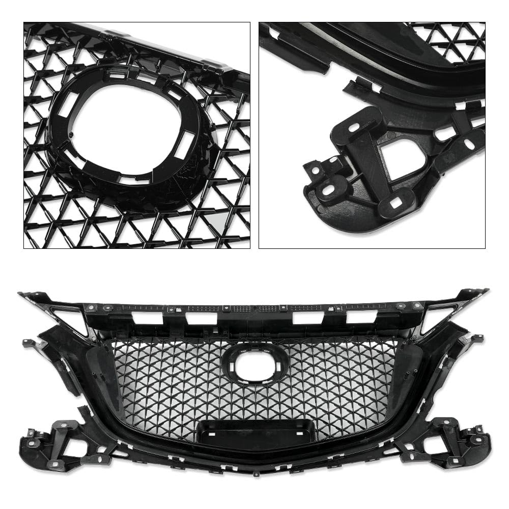 G-PLUS Front Bumper Upper Grille Compatible with Mazda 3 Axela 2017-2018 Honeycomb Mesh Grill ABS Painted Glossy Black