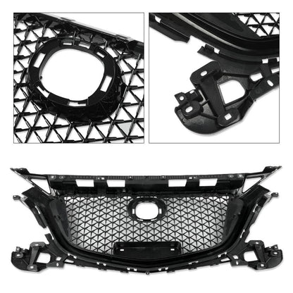 G-PLUS Front Bumper Upper Grille Compatible with Mazda 3 Axela 2017-2018 Honeycomb Mesh Grill ABS Painted Glossy Black