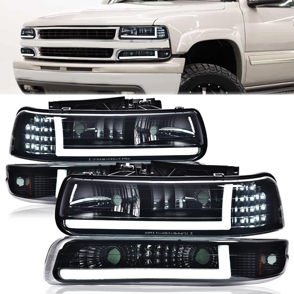 G-PLUS LED Headlights Assembly, Compatible with 1999-2002 Chevy Silverado,Fit 2000-2006 Chevy Tahoe/Suburban 1500 2500,Bumper Headlamps Smoky Lens Black Housing Amber Reflector Left & Right