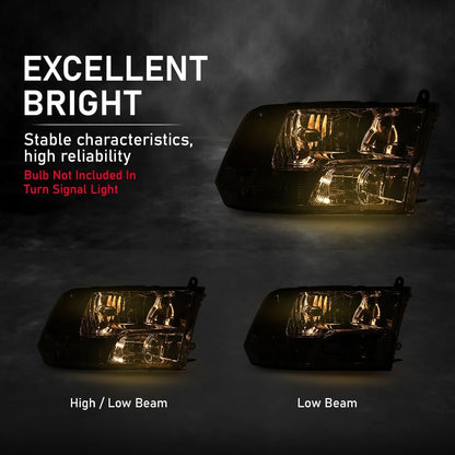 G-PLUS Headlight Assembly Front Headlamp Right Passenger Side w/Bulbs,Fit Dodge Ram 1500 2500 3500 2009-2018 Factory Clear Lens Chrome Housing Amber Reflector Bumper Headlamps,faros delanteros