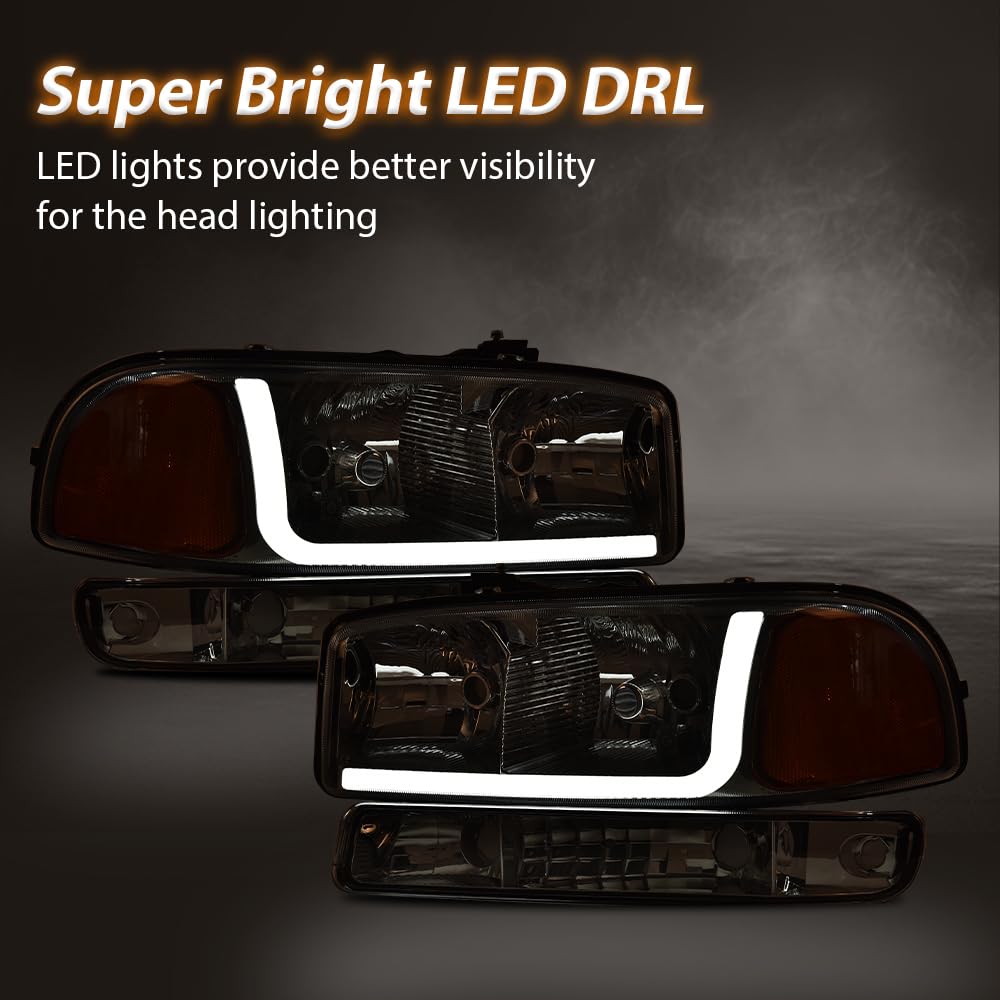 G-PLUS LED DRL Headlights Assembly, Compatible with 1999-2007 GMC Sierra 1500/2001-2007 GMC Sierra 1500 HD Bumper Headlamps, Clear Lens Chrome Housing Amber Reflector,faros delanteros