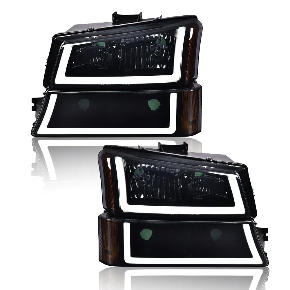 G-PLUS LED DRL headlights, Compatible with 2003 2004 2005 2006 Chevy Silverado Avalanche, Smoky Lens Black Housing Amber ReflectorBumper Headlamps,faros delanteros