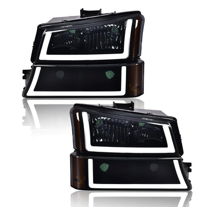 G-PLUS LED DRL headlights, Compatible with 2003 2004 2005 2006 Chevy Silverado Avalanche, Smoky Lens Black Housing Amber ReflectorBumper Headlamps,faros delanteros