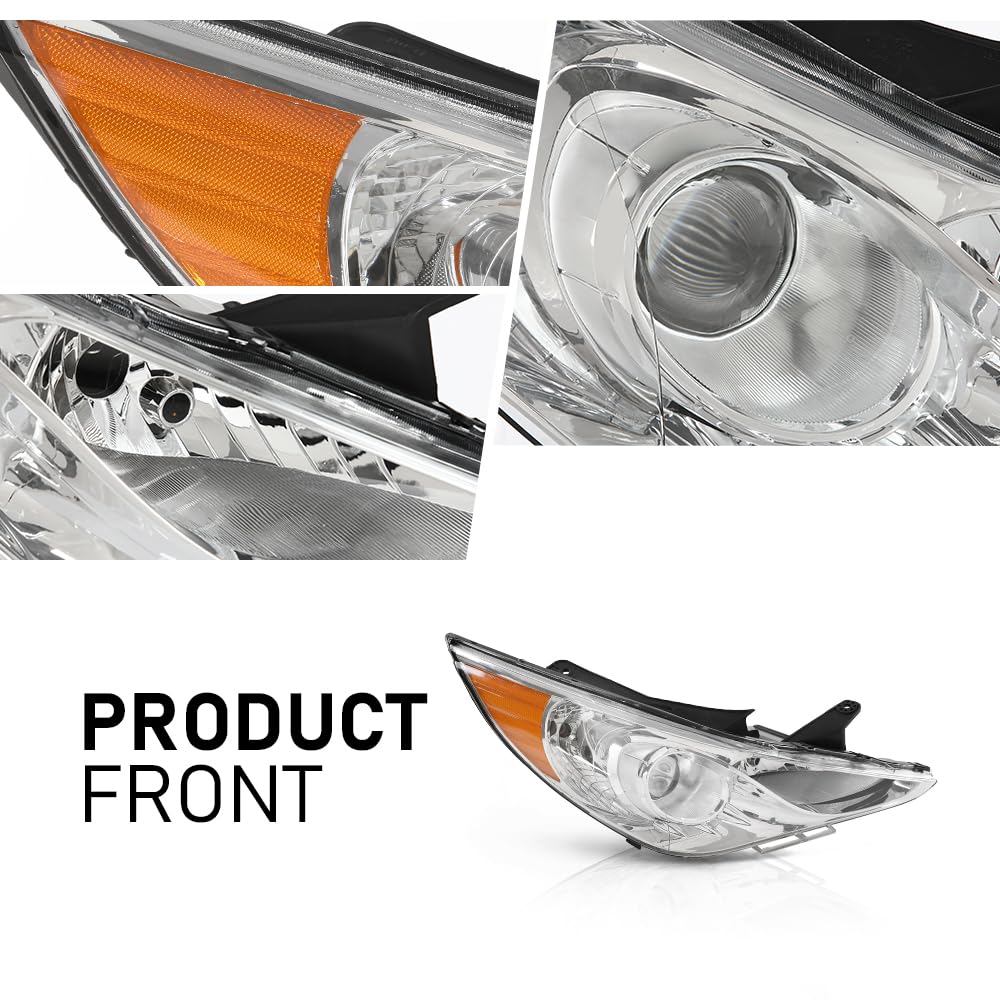 G-PLUS Headlights Assembly Left & Right Side Halogen Compatible with Sonata 2011-2014 Clear Lens Chrome Housing Amber Reflctor Bumper Headlamps,faros delanteros