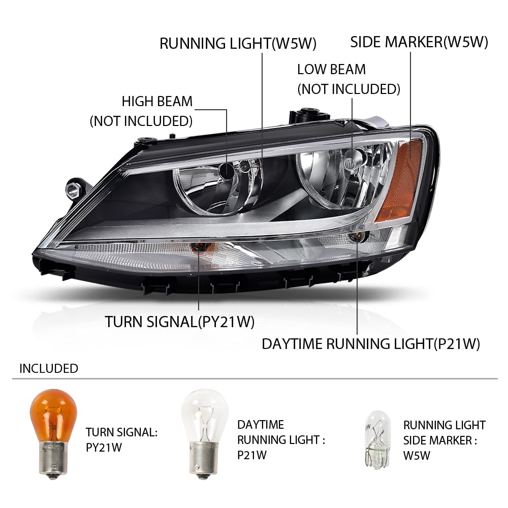 G-PLUS Headlights Headlamps w/Bulbs Left Driver Compatible with Volkswagen Jetta 2011-2018 5C7941005, VW2502146 Clear Lens Chrome Housing Amber Reflector