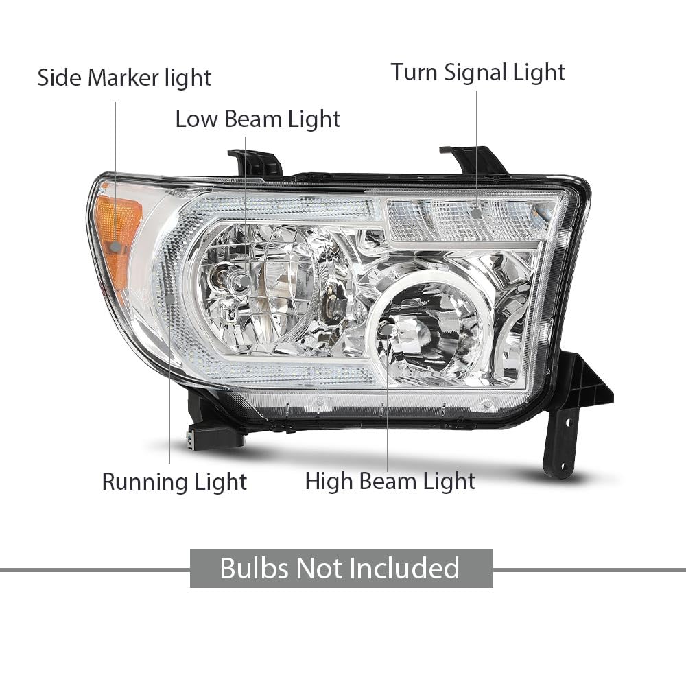 G-PLUS LED DRL Headlights Compatible with Toyota Tundra 2007-2013,Fit 2008-2017 Toyota Sequoia Headlamps Assembly Left & Right Clear Lens Chrome Housing Amber Reflector,faros delanteros
