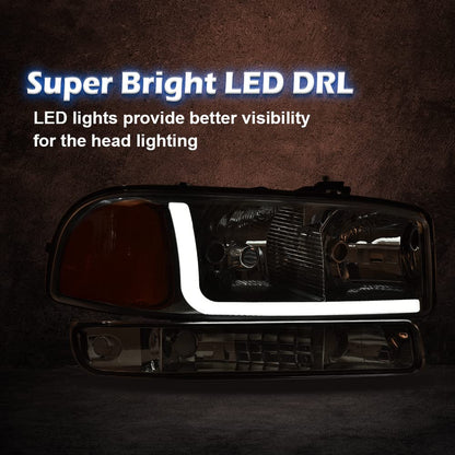 G-PLUS LED Headlights Assembly Fit GMC Sierra 1500HD 2500HD 3500 1999-2007/Fit GMC Yukon XL 1500 2500 1999-2006,Headlamps Clear Lens Chrome Housing Amber Reflector,faros delanteros