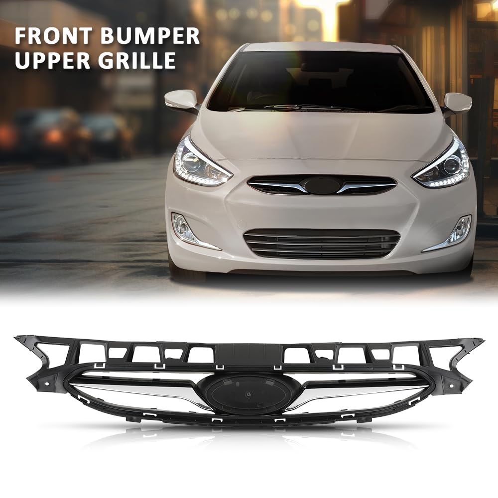 G-PLUS Front Bumper Upper Grille Grill Black Compatible with Hyundai Accent Sedan & Hatchback 2012-2014 Replacement for 863511R000, HY1200161