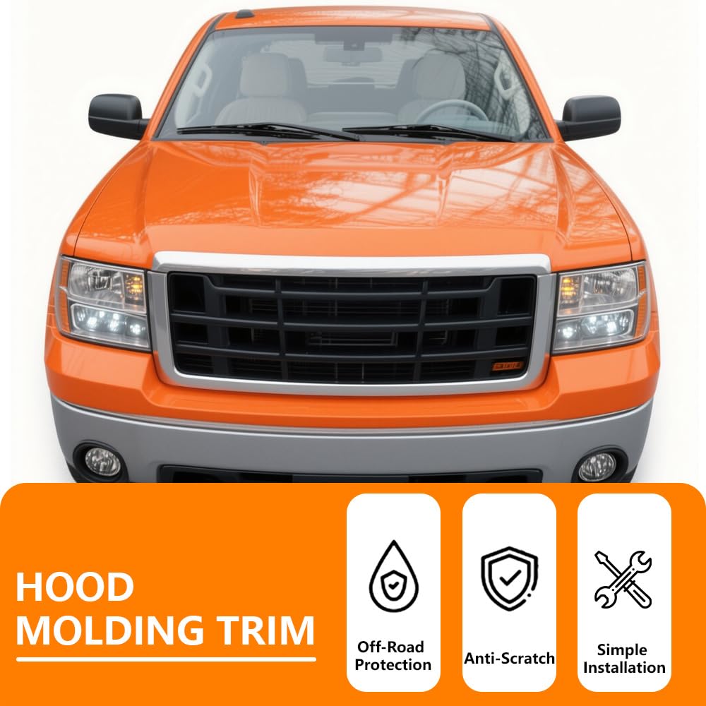G-PLUS Front Hood Molding Trim Moulding W/ 8 Clips, Compatible with GMC Sierra 1500 2007-2013/ GMC Sierra 2500 HD 3500 HD 2007-2010 GM1235109 10385156 (Silver)