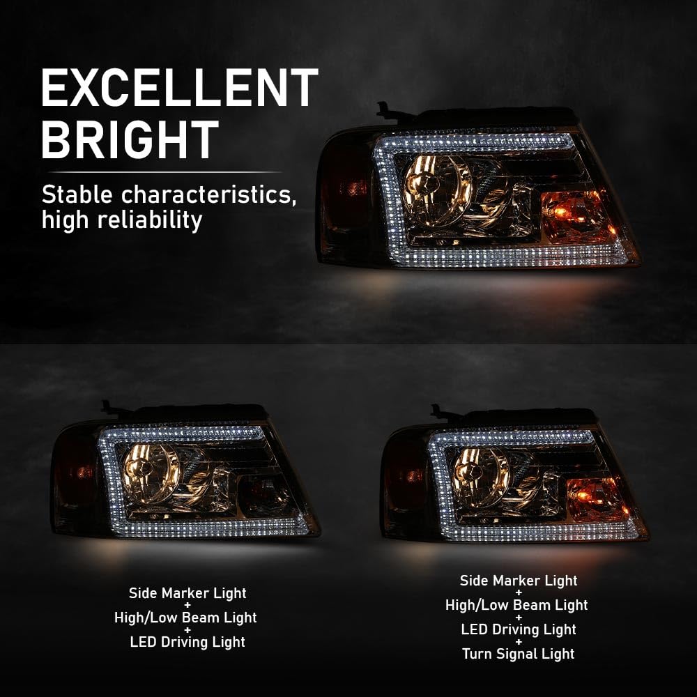G-PLUS Headlights Assembly, Compatible with 2005 2006 2007 Ford F250 F350 Super Duty Bumper Headlamps, Clear Lens Chrome Housing Amber Reflector