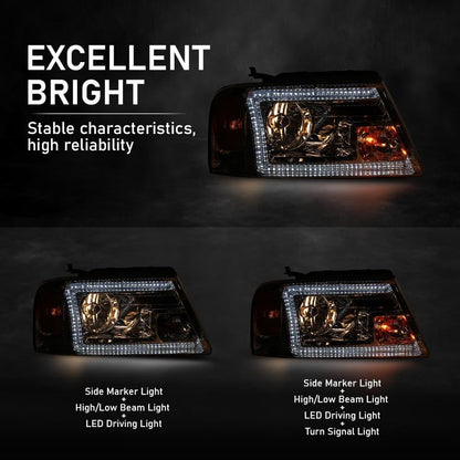 G-PLUS LED DRL Headlights Fit Ford F150 2004-2008, Fit Lincoln Mark LT 2006-2008(NOT Fit 2004 F150 Heritage/Flareside Beds),Pair Headlamps Clear Lens Chrome Housing Amber Reflector,faros delanteros