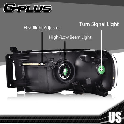 G-PLUS Headlights Bumper Headlamps Assembly Compatible with 2002-2005 Dodge Ram 1500 2500 3500, Clear Lens Chrome Housing Amber Reflector,faros delanteros