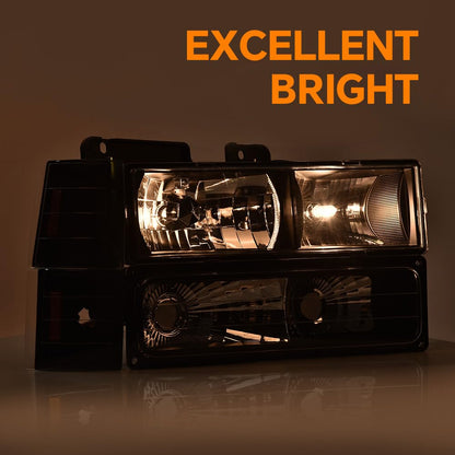 G-PLUS Headlights Assembly w/Bulbs Fit Chevy Suburban C1500 C2500 K1500 K2500 1994-1999, Fit GMC C2500 K2500 1994-2000, Left & Right Headlamps Assembly, Clear Lens Black Housing Amber Reflector