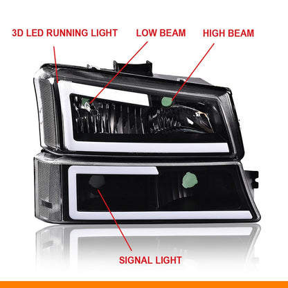 G-PLUS LED DRL Headlights Assembly & Tail Lights Fit Chevy Silverado 1500 1500 HD 2500 2500 HD 2003-2006, Clear Lens Black Housing Clear Reflector Headlamps Assembly Red Taillights