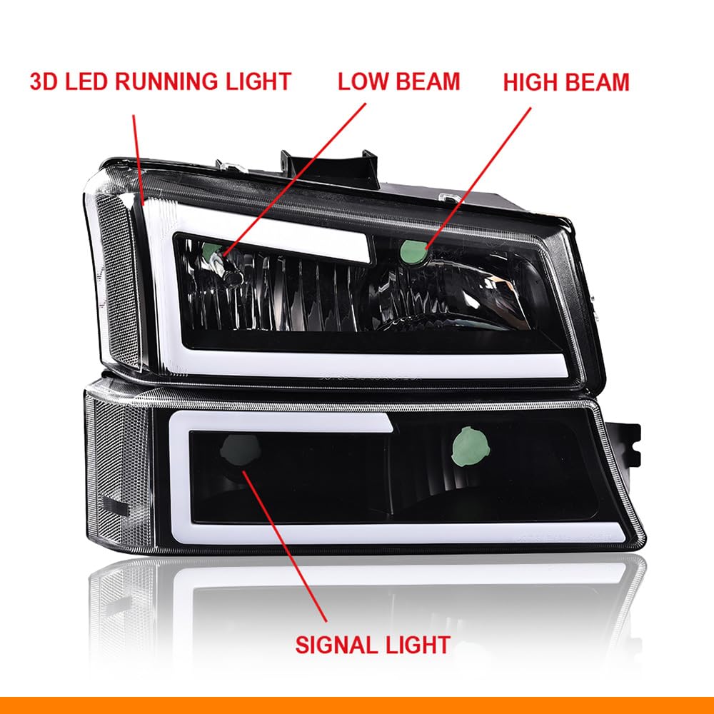 G-PLUS Headlights Assembly Fit Avalanche/Silverado 1500 2500 HD 3500 2003-2006,Fit Silverado 1500 2500 3500 Classic 2007,Clear Lens Black Housing Clear ReflectorBumper Headlamps,faros delanteros