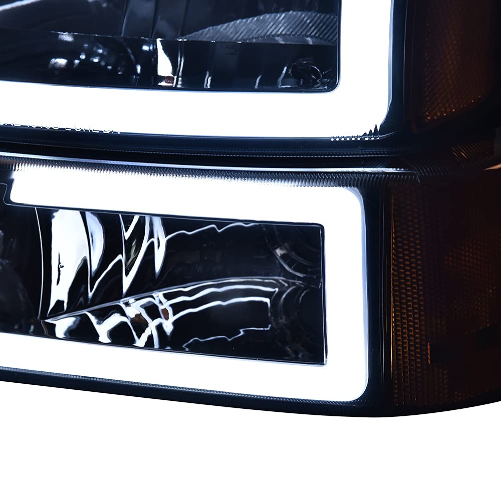 G-PLUS LED DRL headlights, Compatible with 2003 2004 2005 2006 Chevy Avalanche 1500 2500 Bumper Headlamps, Smoky Lens Chrome Housing Amber Reflector,faros delanteros
