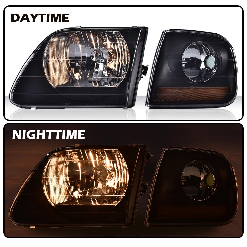 G-PLUS Headlights Compatible with Ford F150 1998-2003/Fit Ford Expedition 1997-2002/Fit F250 1998-1999 Truck Lightning Style w/Corner Lamps Smoky Lens Black Housing Amber Reflector