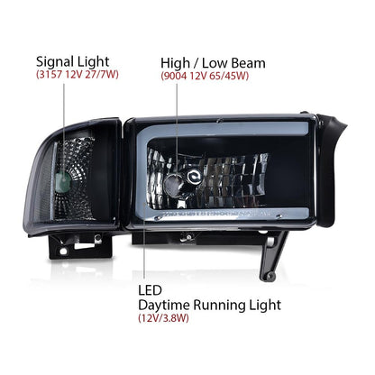 G-PLUS LED Light Strip Headlights Lamps w/o Bulbs Fit Dodge Ram 1500 1994-2001/Dodge Ram 2500 3500 1994-2002,Smoke Lens Black Housing Clear Reflector Bumper Headlamps,faros delanteros Assembly