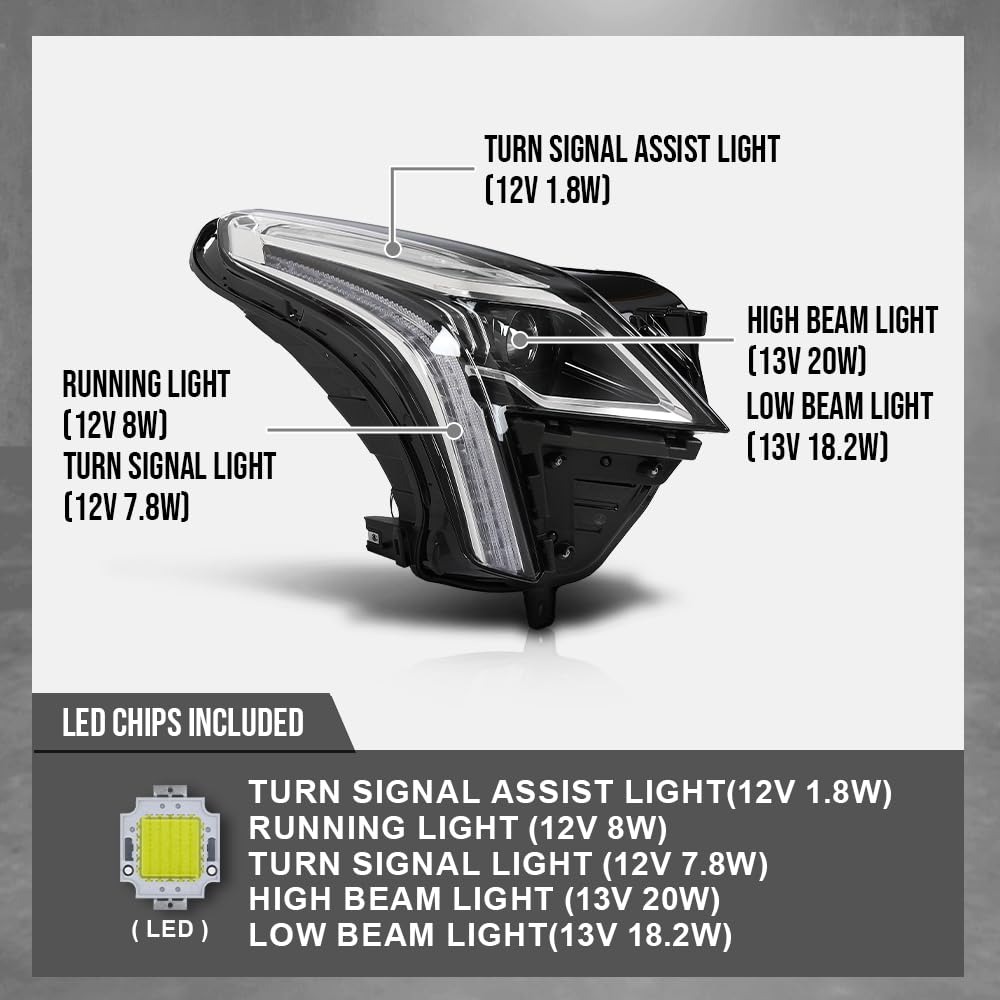 G-PLUS LED Headlight Front Right Passenger Side Compatible with Cadillac XT5 2020-2023 84849606 Black