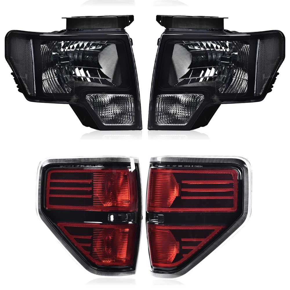 G-PLUS Left & Right Headlights Assembly Front Headlamp & Rear Tail Lights Compatible with Ford F150 2009-2014 DL3Z13008A, DL3Z13008B Black