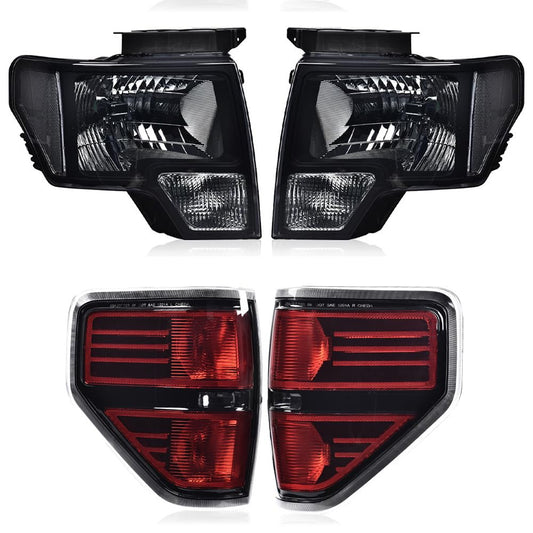 G-PLUS Left & Right Headlights Assembly Front Headlamp & Rear Tail Lights Compatible with Ford F150 2009-2014 DL3Z13008A, DL3Z13008B Black