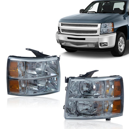G-PLUS Headlights & Fog Lights Compatible with Chevy Silverado 1500 2007-2013/2500 3500 2500HD 3500HD 2007-2014 (Smoky Lens Clear Housing Amber Reflector Headlights + Fog Lights)