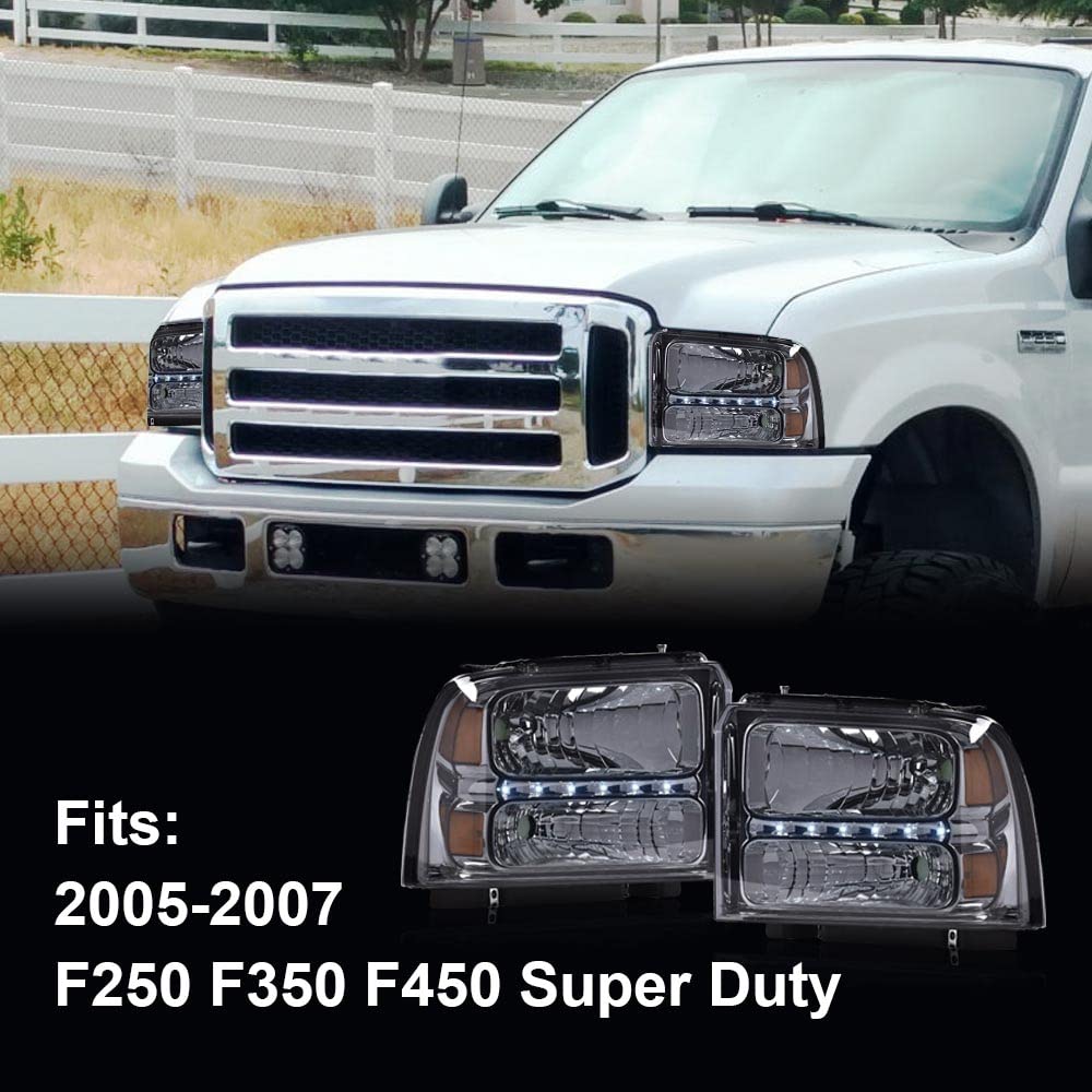 G-PLUS LED Point Style Headlights Assembly,Compatible with Ford F250 F350 F450 F550 Super Duty 2005 2006 2007,Headlamps DRL BAR Smoky Lens Chrome Housing Amber Reflector,faros delanteros