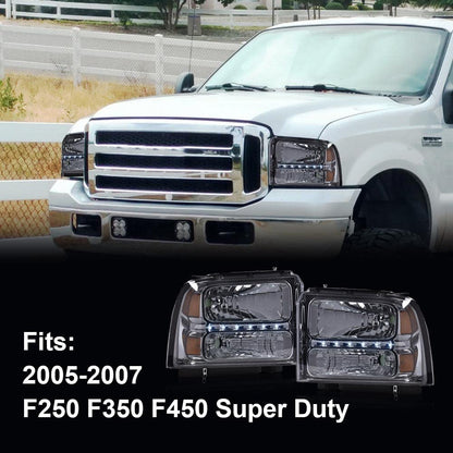 G-PLUS LED Point Style Headlights Assembly,Compatible with Ford F250 F350 F450 F550 Super Duty 2005 2006 2007,Headlamps DRL BAR Smoky Lens Chrome Housing Amber Reflector,faros delanteros