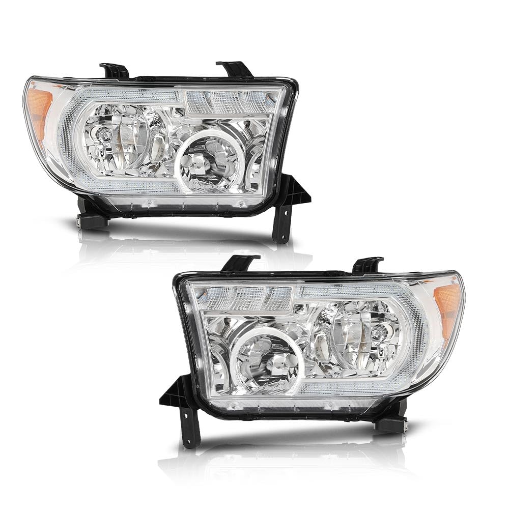 G-PLUS LED DRL Headlights Compatible with Toyota Tundra 2007-2013,Fit 2008-2017 Toyota Sequoia Headlamps Assembly Left & Right Clear Lens Chrome Housing Amber Reflector,faros delanteros
