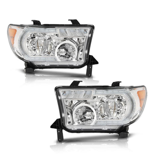 G-PLUS LED DRL Headlights Compatible with Toyota Tundra 2007-2013,Fit 2008-2017 Toyota Sequoia Headlamps Assembly Left & Right Clear Lens Chrome Housing Amber Reflector,faros delanteros
