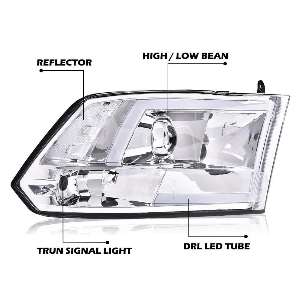 G-PLUS LED DRL Headlights - Fit Dodge Ram 1500-3500 (2009-2012), Quad, Clear Lens, Chrome Housing, Clear Reflector Bumper Headlamps,faros delanteros Assembly