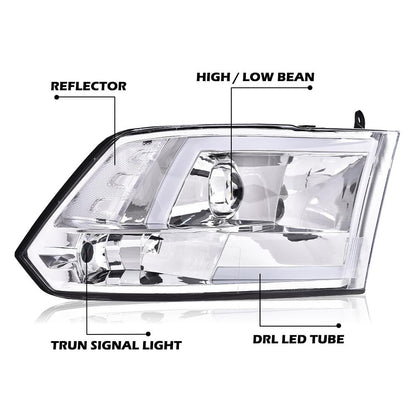 G-PLUS LED DRL Headlights - Fit Dodge Ram 1500-3500 (2009-2012), Quad, Clear Lens, Chrome Housing, Clear Reflector Bumper Headlamps,faros delanteros Assembly