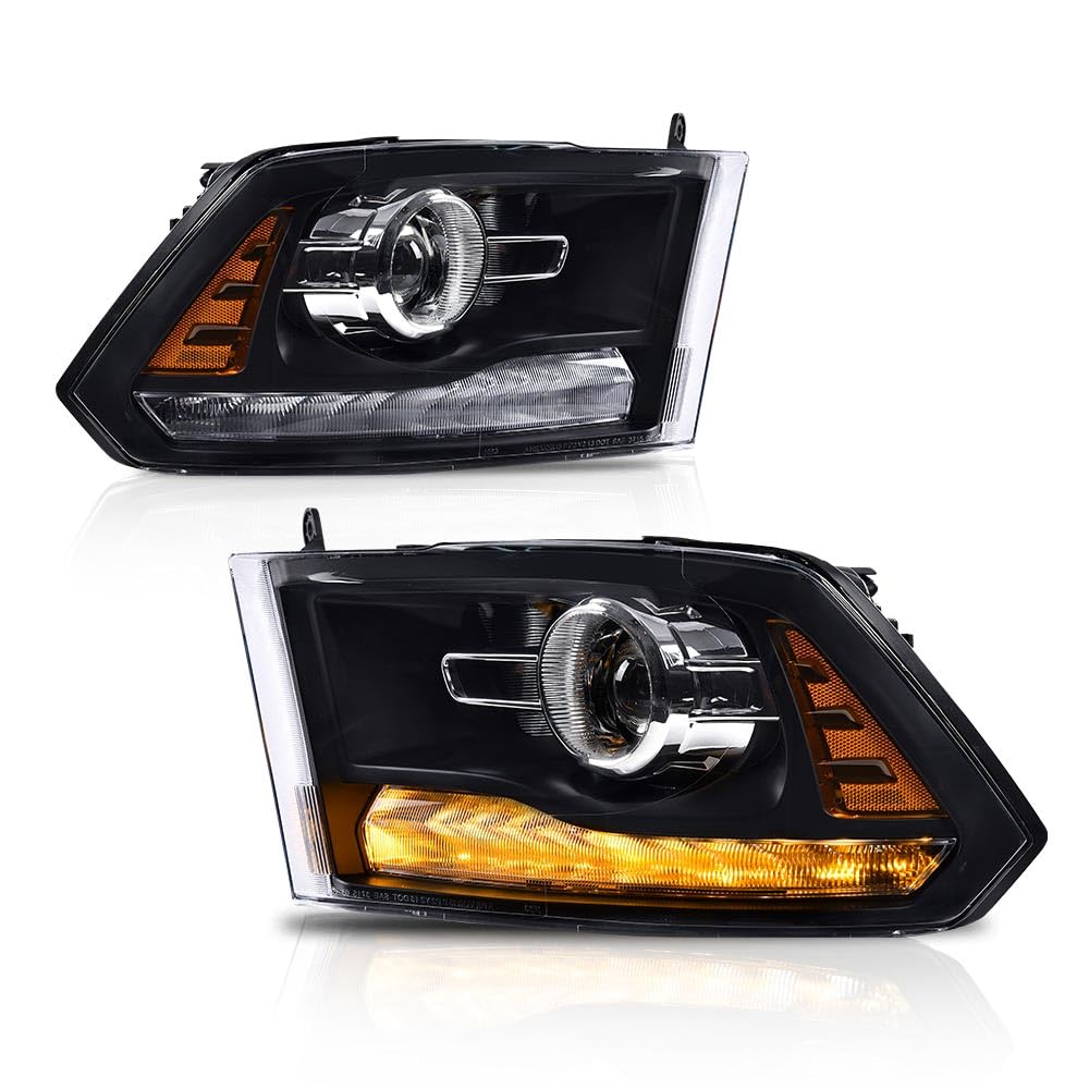G-PLUS LED Bar Plank Style Headlights Fit for Dodge Ram 1500 2500 3500 2013-2018 Projector Headlamp,Fit Models w/Dual Beam& Quad Beam Models,Clear lens Black Housing Amber Reflector