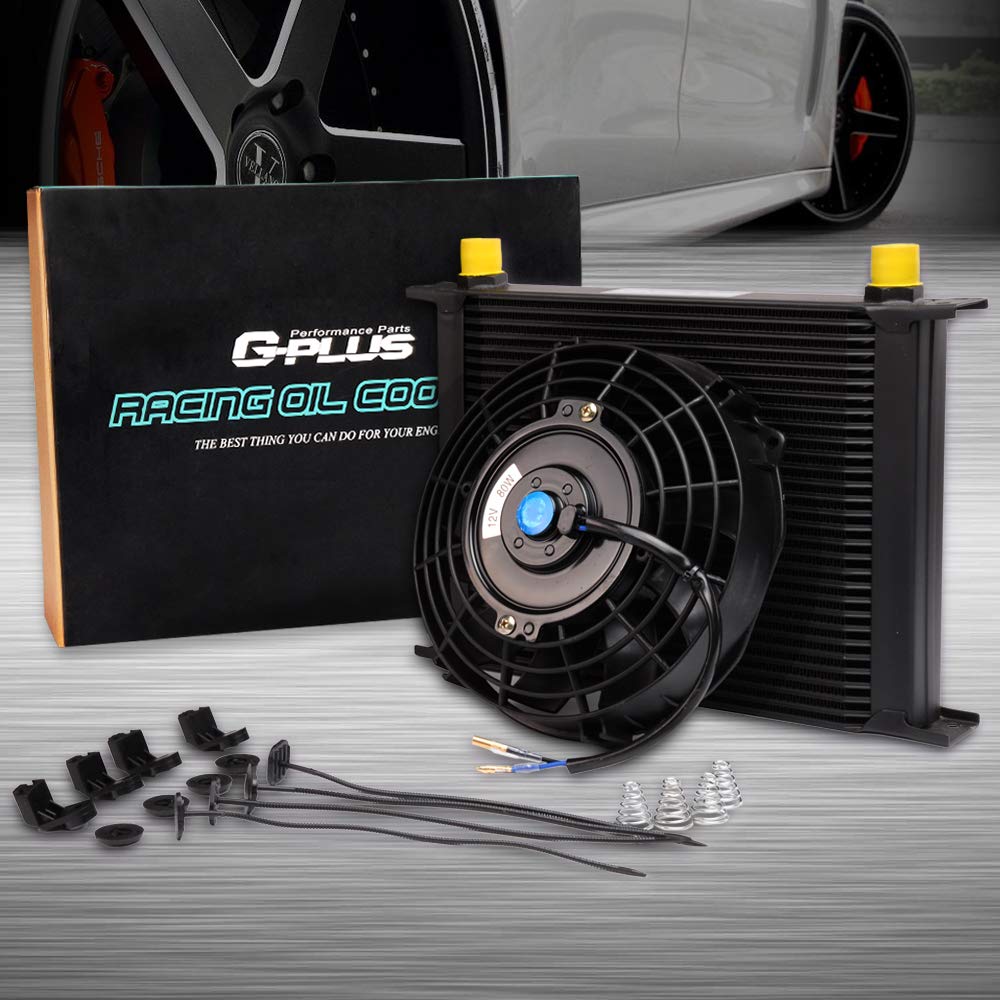 G-PLUS Universal 30 Row AN10 Aluminum Transmission Engine Oil Cooler Kit Black+ 7" Electric Cooling Fan Kit