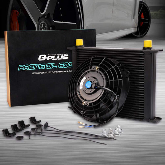 G-PLUS Universal 30 Row AN10 Aluminum Transmission Engine Oil Cooler Kit Black+ 7" Electric Cooling Fan Kit