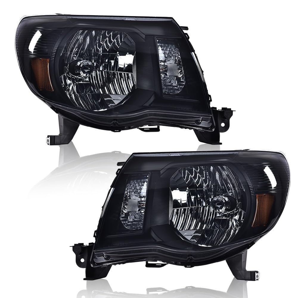 G-PLUS Headlights Assembly, Compatible with 2005 2006 2007 2008 2009 2010 2011 Toyota Tacoma Bumper Headlamps, Smoky Lens Black Housing Amber Reflector,faros delanteros