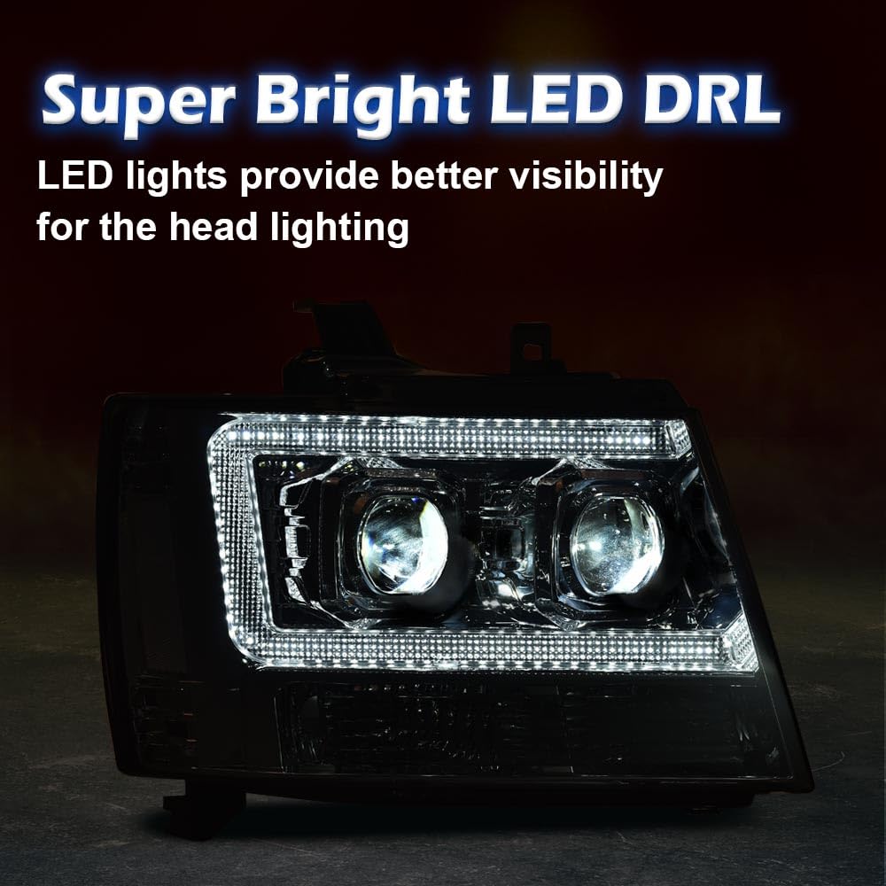 G-PLUS LED Headlights Assembly Fit Chevy Tahoe Avalanche Subarban 1500 2500 2007-2014 DRL Corner Turn Signal Headlamps Set Pair Left & Right Smoky Lens Chrome Housing Clear Reflector,faros delanteros