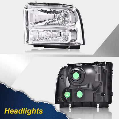 G-PLUS Headlights Assembly, Compatible with Ford F250 F350 F450 F550 Super Duty 1999-2004/Fit Ford Excursion 2000-2004 Bumper Headlamps, Clear Lens Chrome Housing Clear Reflector,faros delanteros