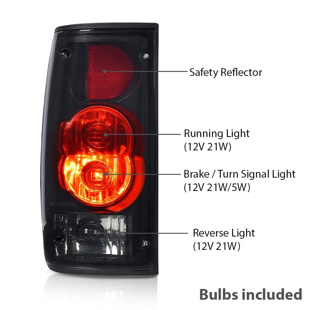 G-PLUS Tail Light Assembly Rear Brake Lamp LH&RH w/Bulbs Compatible with Toyota Hilux Pickup Truck 1989-1995 8156089166, 8155089166, TO2800105, TO2801105 Smoke Lens Black Housing Luces Traseras