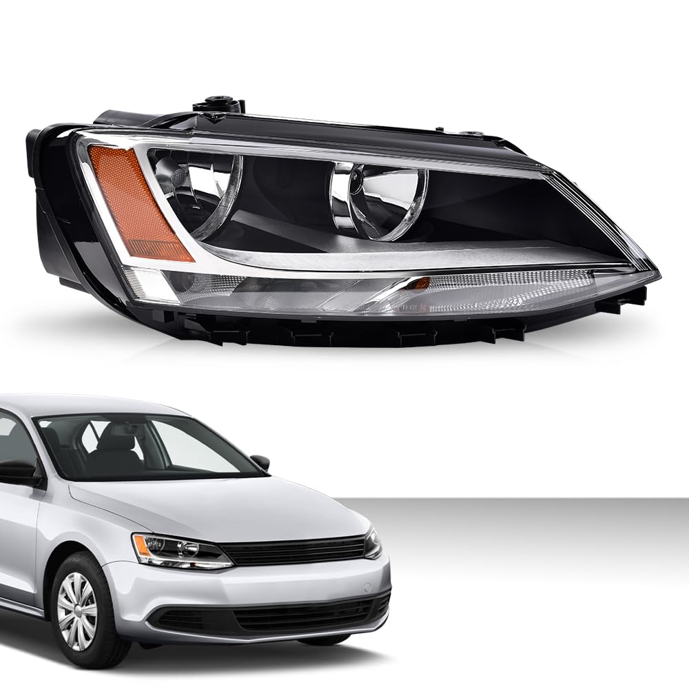 G-PLUS Headlights Headlamps w/Bulbs Right Passenger Compatible with Volkswagen Jetta 2011-2018 5C7941006, VW2503146 Clear Lens Chrome Housing Amber Reflector