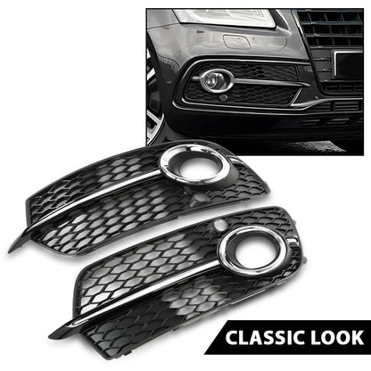 G-PLUS Front Bumper Fog Light Grill Grille Cover w/Silver Ring Compatible with Audi SQ5 / Q5 S-Line 2013-2017 8R0807681M, 8R0807682J