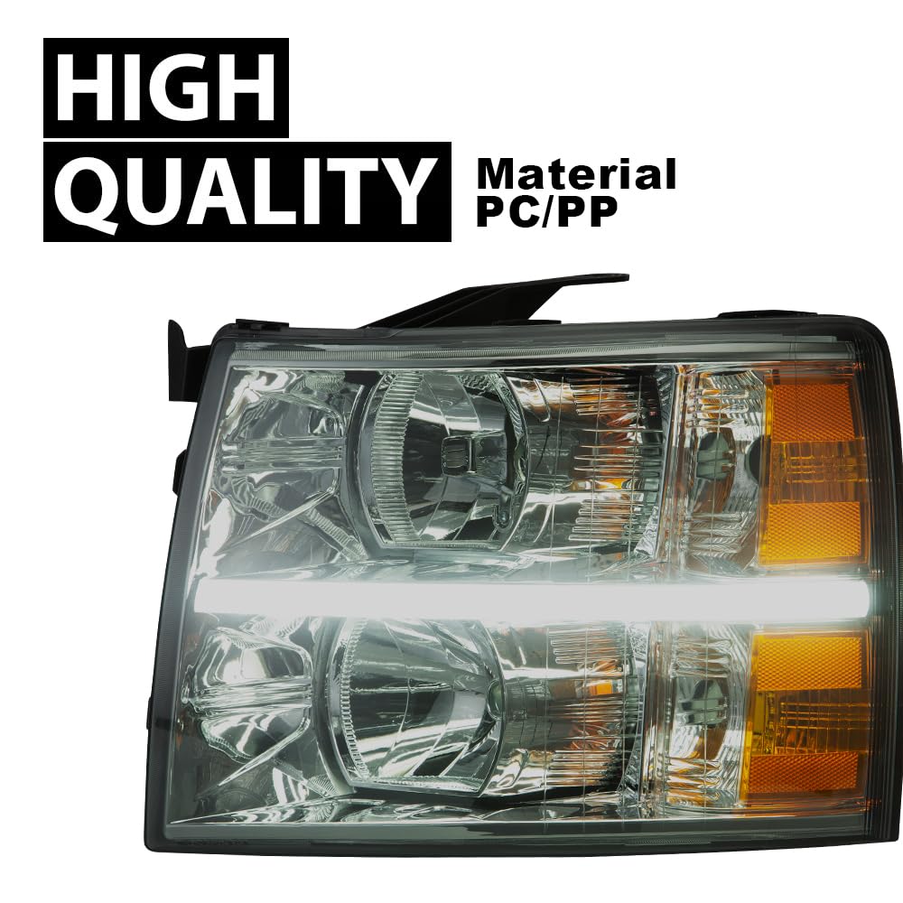 G-PLUS LED DRL Headlights, Fit 2007-2014 Chevy Silverado 2500 3500 & HD/Fit Chevy Silverado 1500 2007-2013 Bumper Headlamps, Smoky Lens Chrome Housing Amber Reflector Left & Right,faros delanteros