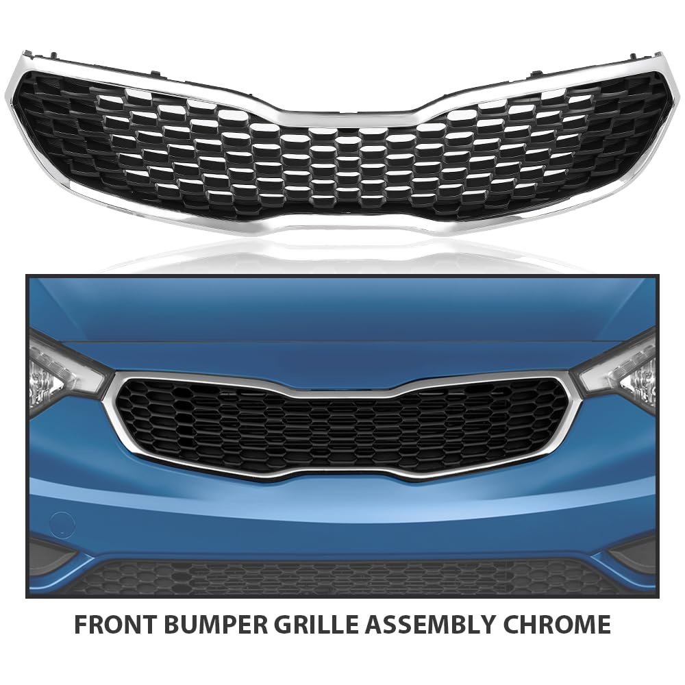 G-PLUS Front Bumper Grill Grille Assembly Chrome Mesh Style Compatible with Kia Forte SX/EX/LX 2014 2015 2016 KI1200156, 86350A7500