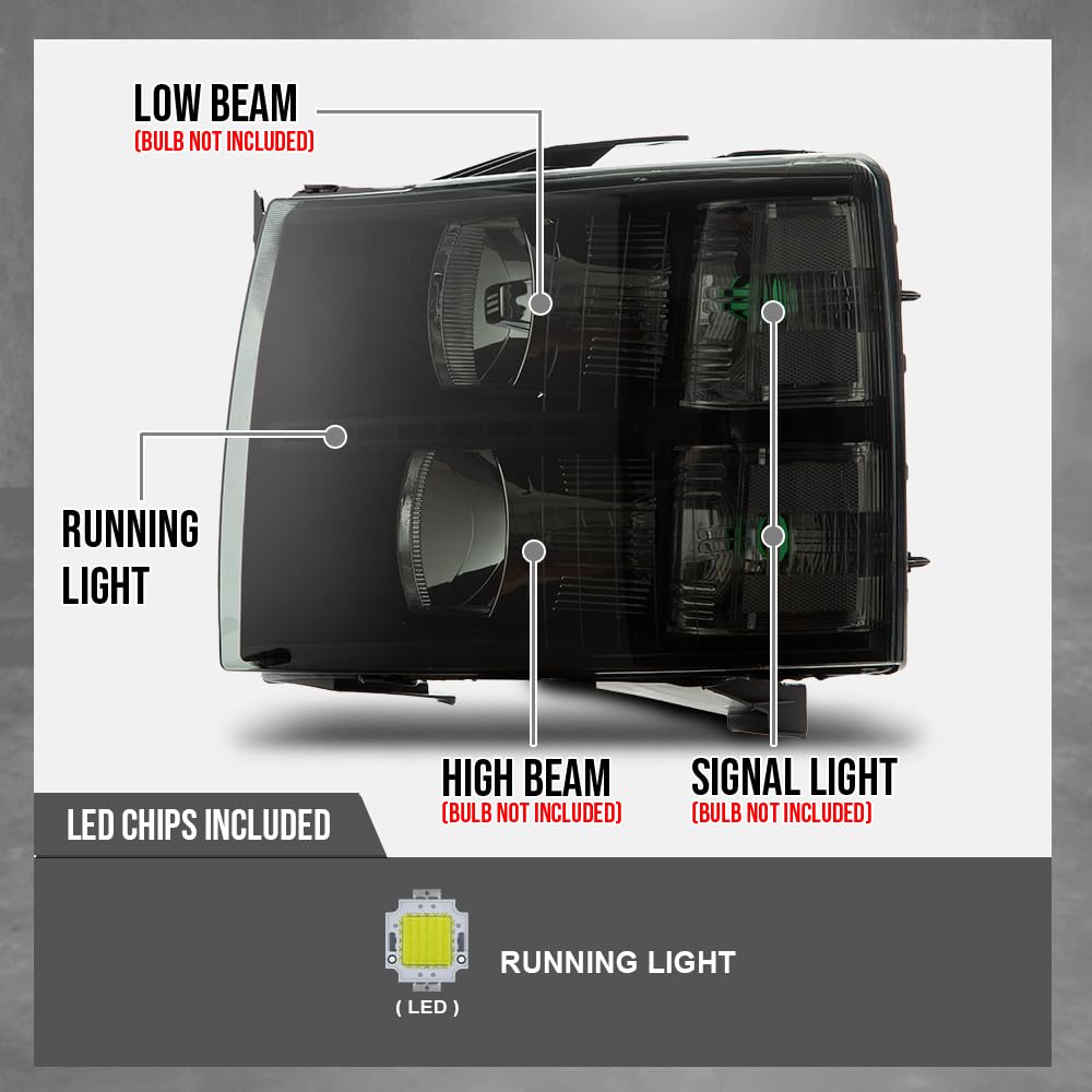 G-PLUS LED DRL Headlights Assembly Fit Chevy Silverado 1500 2007-2013, Fit Chevy Silverado 2500 HD 3500 HD 2007-2014, Left & Right Headlamps Smoky Lens Black Housing Clear Reflector, faros delanteros
