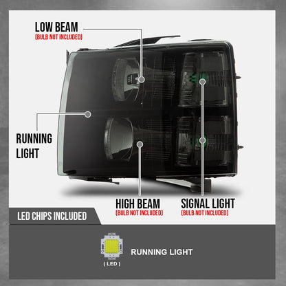 G-PLUS LED DRL Headlights Assembly Fit Chevy Silverado 1500 2007-2013, Fit Chevy Silverado 2500 HD 3500 HD 2007-2014, Left & Right Headlamps Smoky Lens Black Housing Clear Reflector, faros delanteros
